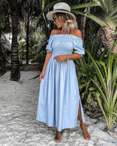 Robe mi-longue à poches et épaules dénudées Yen - Écume de mer